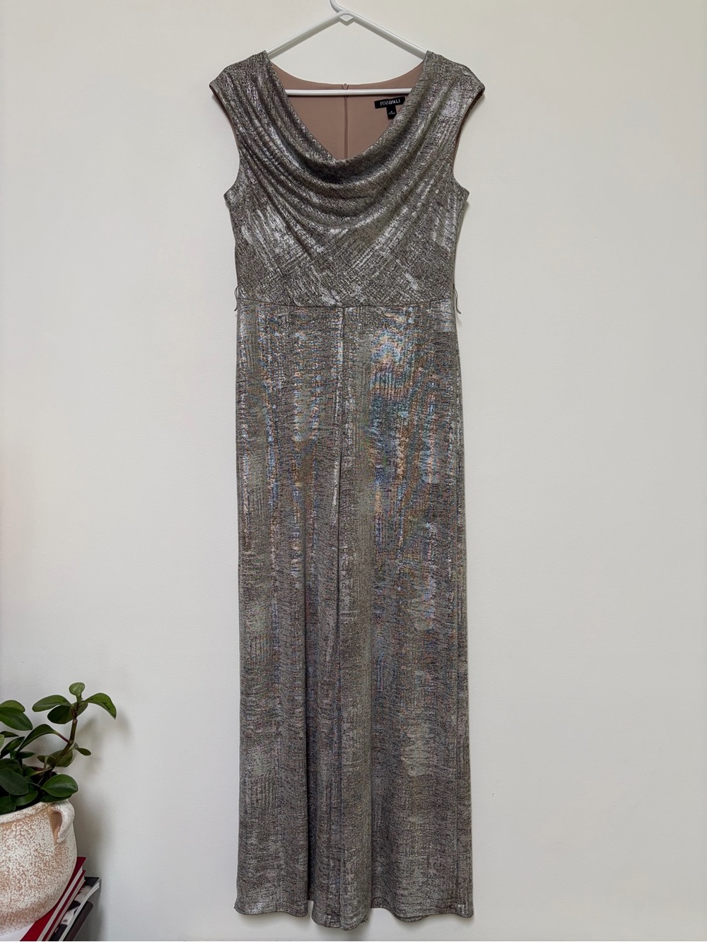 Roz Ali Metallic Wide Leg Jumpsuit Size 8 Silver Gray